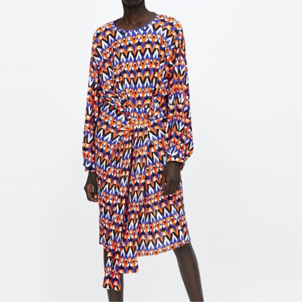 Zara | Orange and Blue Geometric Print Pleated Dress